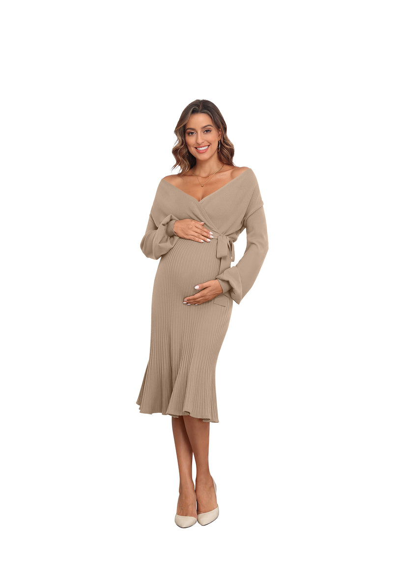 Women's Maternity Knitted Dress Long Sleeve V-Neck Belted Solid Color Midi Dress