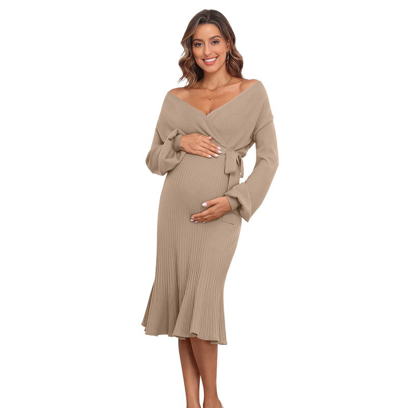 Women's Maternity Knitted Dress Long Sleeve V-Neck Belted Solid Color Midi Dress