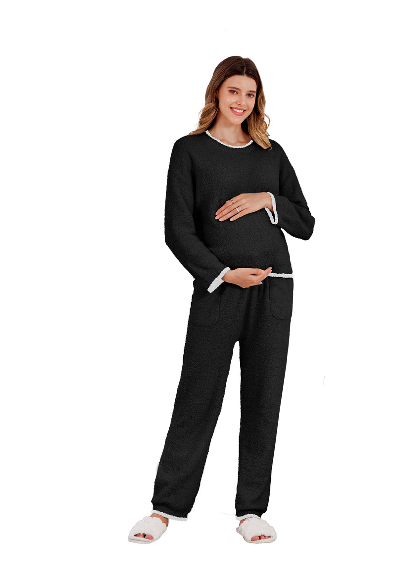Women's Maternity Pajamas Fleece Postpartum 2 Piece Lounge Set Color Block Long Sleeve Top and Pants
