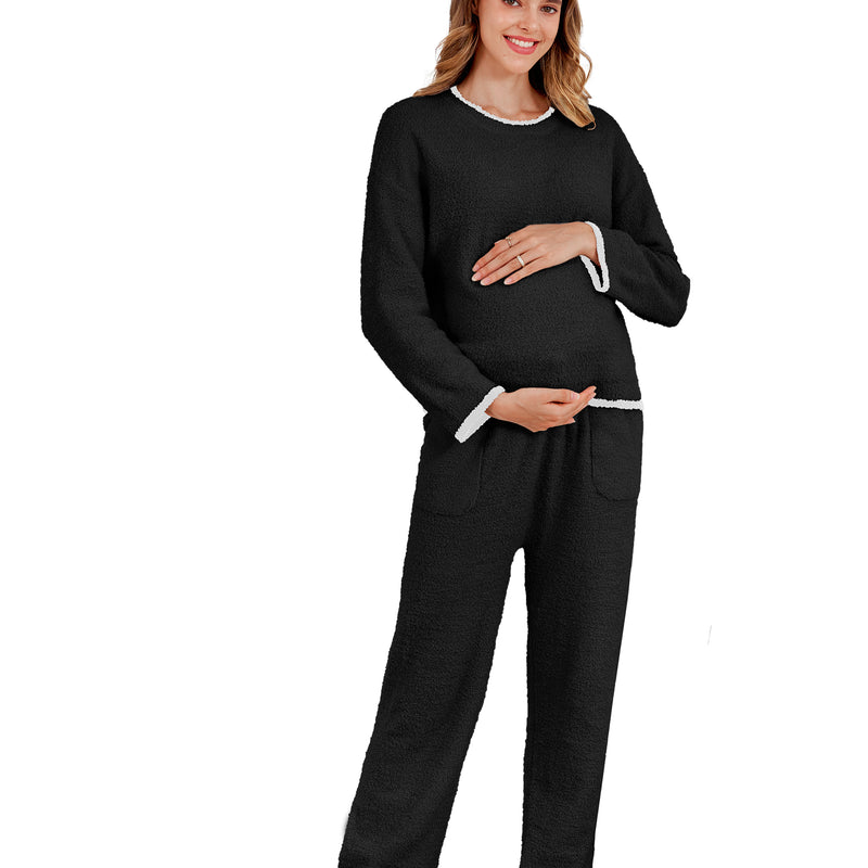 Women's Maternity Pajamas Fleece Postpartum 2 Piece Lounge Set Color Block Long Sleeve Top and Pants