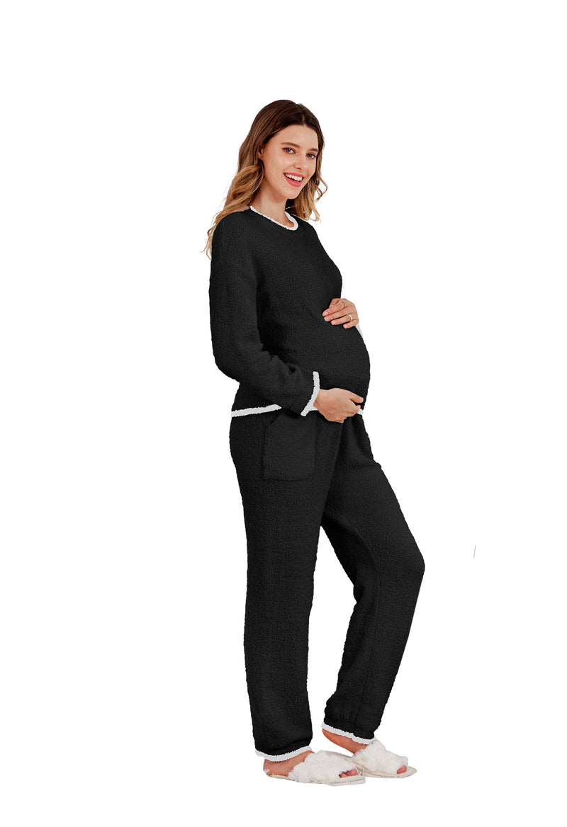Women's Maternity Pajamas Fleece Postpartum 2 Piece Lounge Set Color Block Long Sleeve Top and Pants