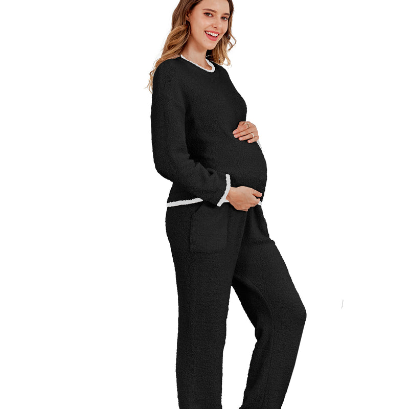 Women's Maternity Pajamas Fleece Postpartum 2 Piece Lounge Set Color Block Long Sleeve Top and Pants