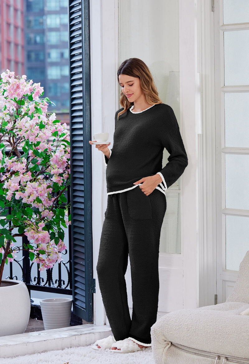 Women's Maternity Pajamas Fleece Postpartum 2 Piece Lounge Set Color Block Long Sleeve Top and Pants