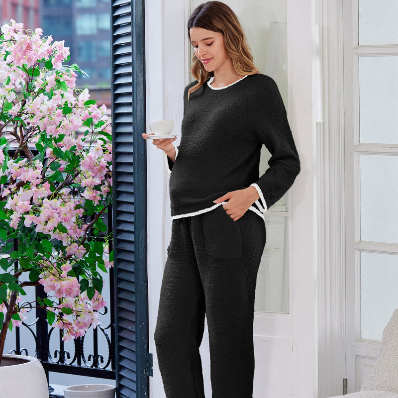 Women's Maternity Pajamas Fleece Postpartum 2 Piece Lounge Set Color Block Long Sleeve Top and Pants