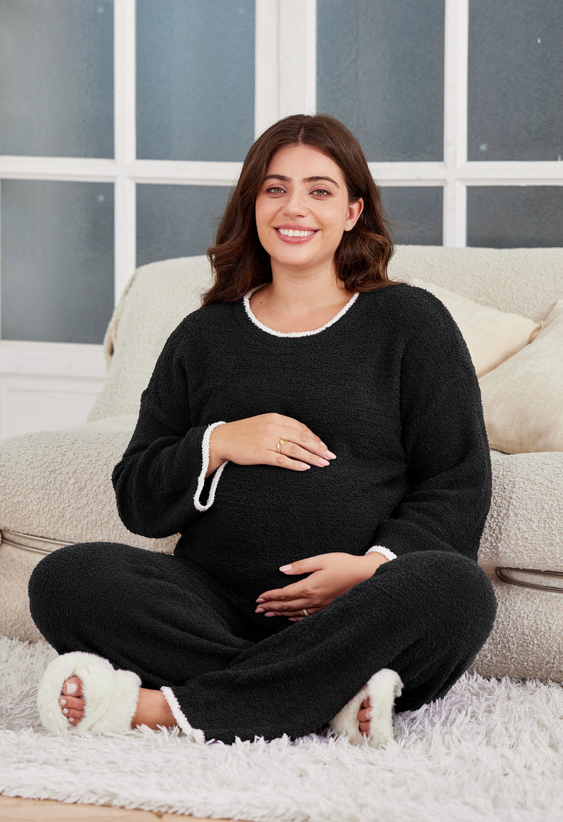 Women's Maternity Pajamas Fleece Postpartum 2 Piece Lounge Set Color Block Long Sleeve Top and Pants