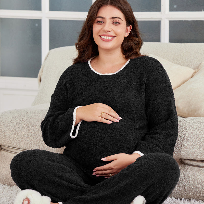 Women's Maternity Pajamas Fleece Postpartum 2 Piece Lounge Set Color Block Long Sleeve Top and Pants