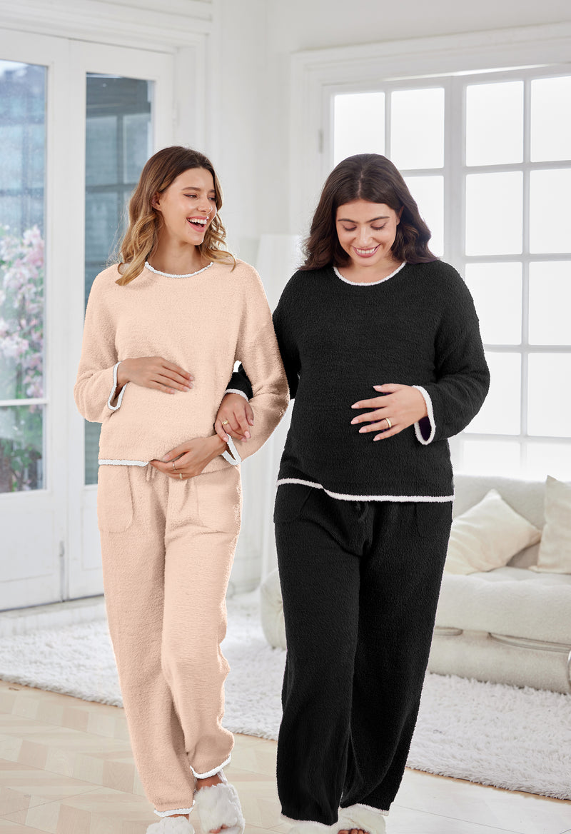 Women's Maternity Pajamas Fleece Postpartum 2 Piece Lounge Set Color Block Long Sleeve Top and Pants