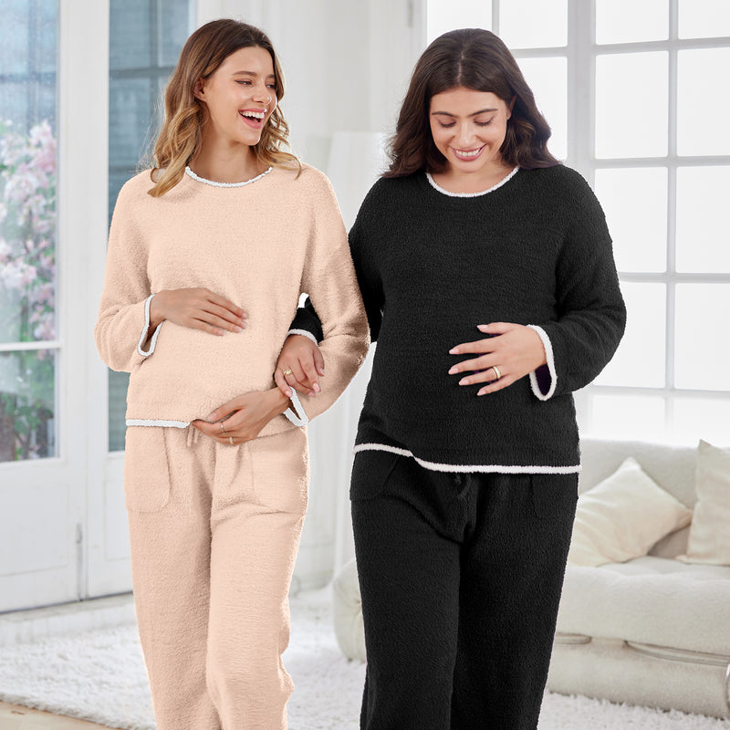 Women's Maternity Pajamas Fleece Postpartum 2 Piece Lounge Set Color Block Long Sleeve Top and Pants
