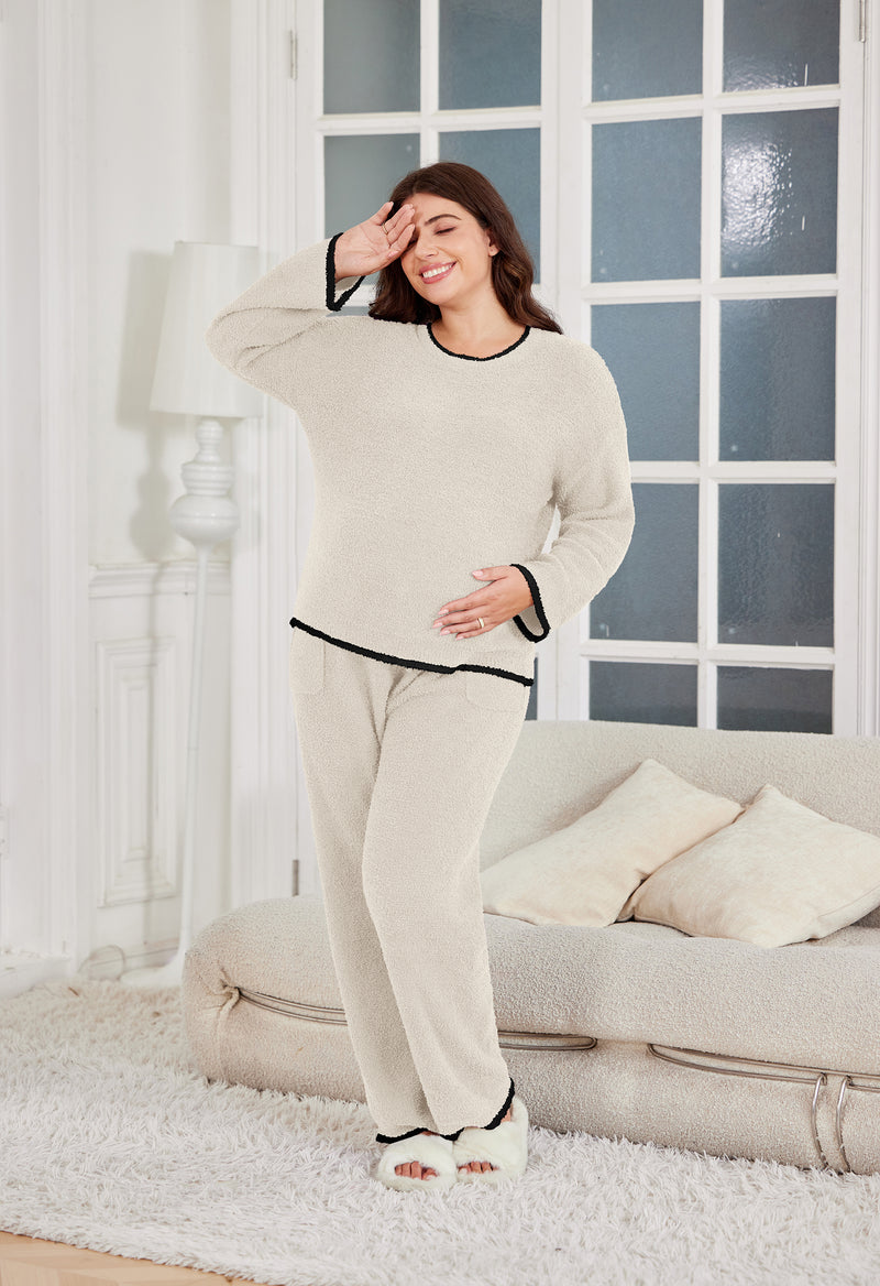 Women's Maternity Pajamas Fleece Postpartum 2 Piece Lounge Set Color Block Long Sleeve Top and Pants