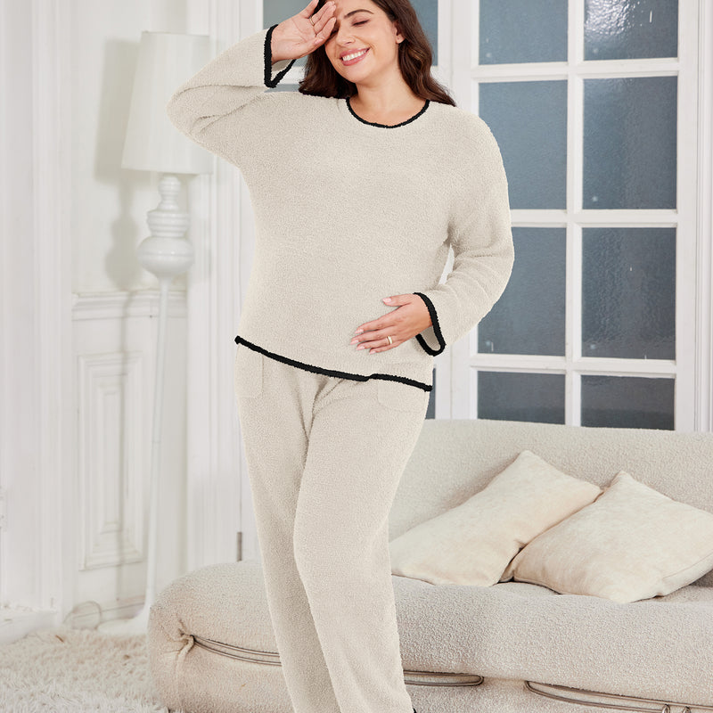 Women's Maternity Pajamas Fleece Postpartum 2 Piece Lounge Set Color Block Long Sleeve Top and Pants