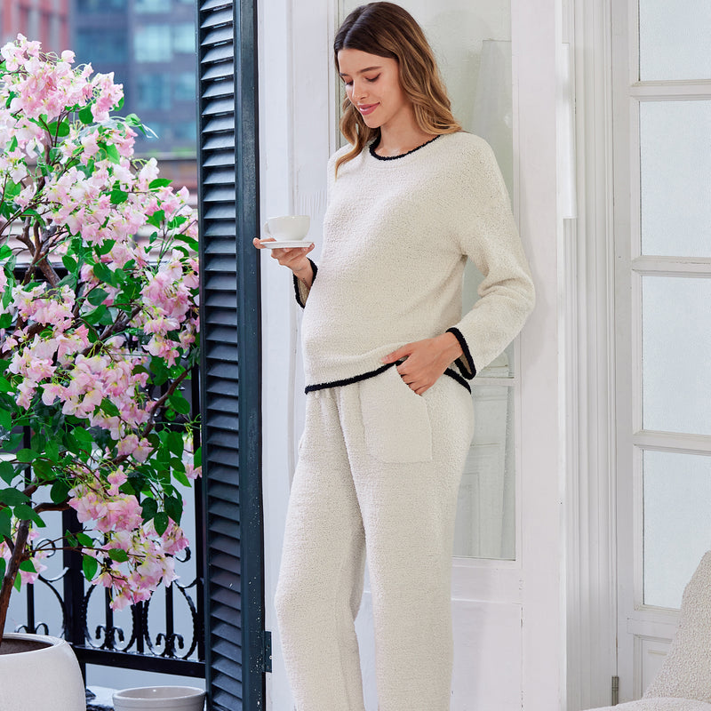 Women's Maternity Pajamas Fleece Postpartum 2 Piece Lounge Set Color Block Long Sleeve Top and Pants