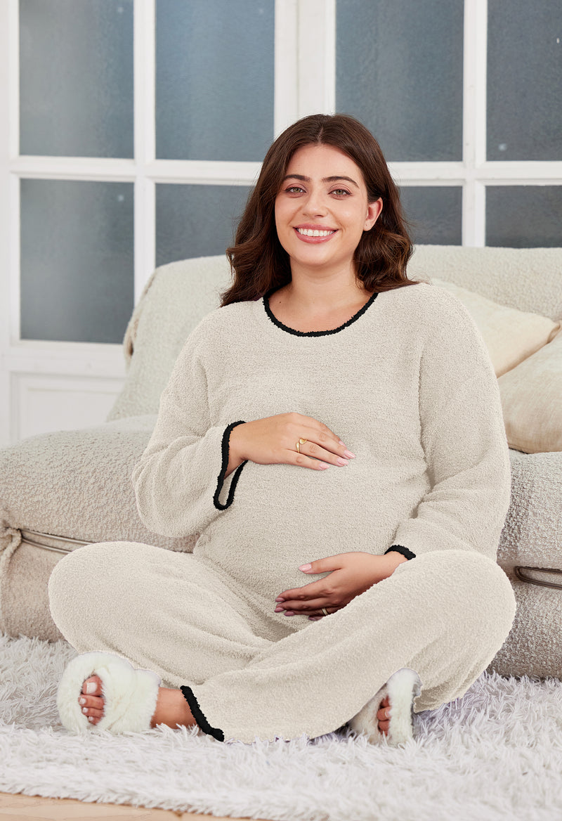 Women's Maternity Pajamas Fleece Postpartum 2 Piece Lounge Set Color Block Long Sleeve Top and Pants