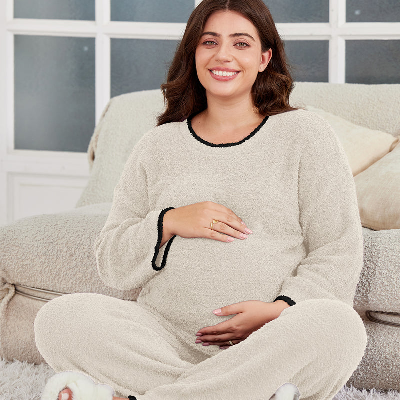 Women's Maternity Pajamas Fleece Postpartum 2 Piece Lounge Set Color Block Long Sleeve Top and Pants