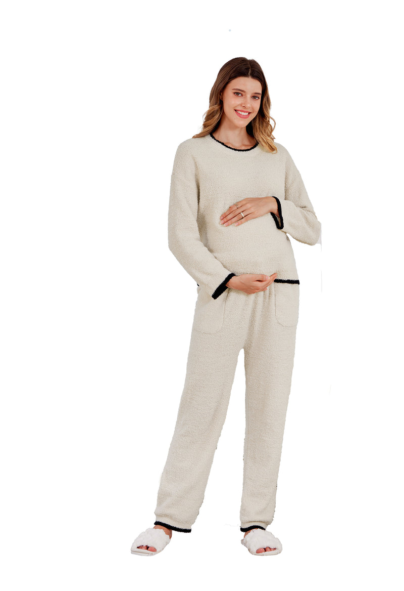 Women's Maternity Pajamas Fleece Postpartum 2 Piece Lounge Set Color Block Long Sleeve Top and Pants