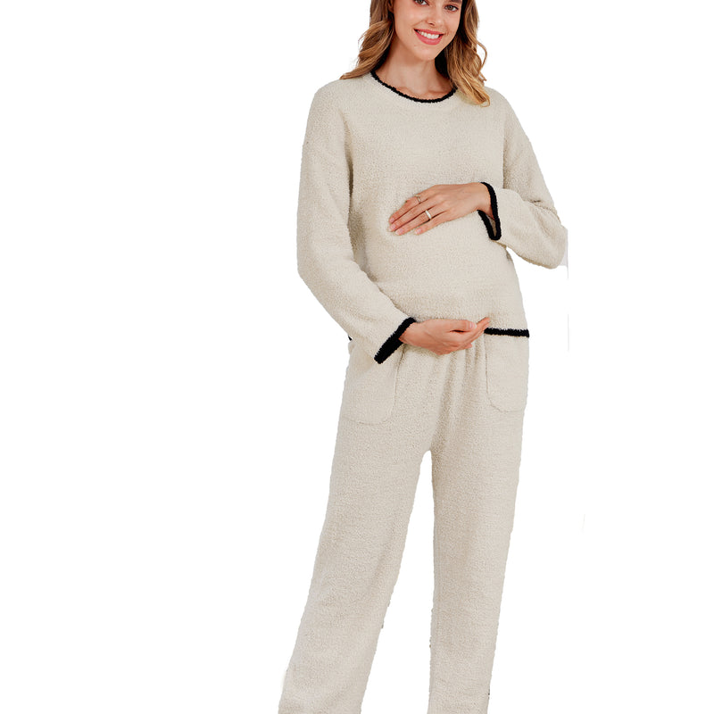 Women's Maternity Pajamas Fleece Postpartum 2 Piece Lounge Set Color Block Long Sleeve Top and Pants