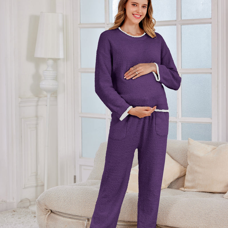 Women's Maternity Pajamas Fleece Postpartum 2 Piece Lounge Set Color Block Long Sleeve Top and Pants