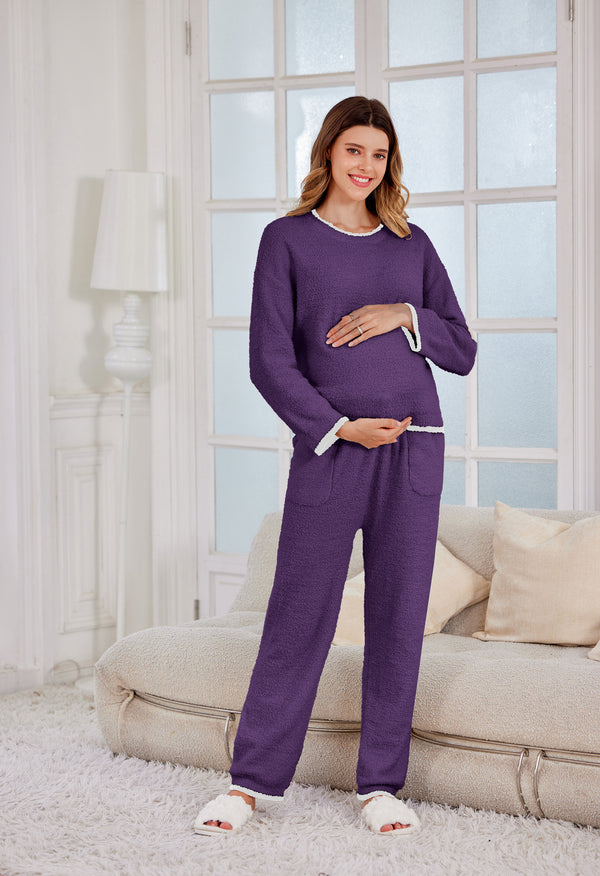Women's Maternity Pajamas Fleece Postpartum 2 Piece Lounge Set Color Block Long Sleeve Top and Pants