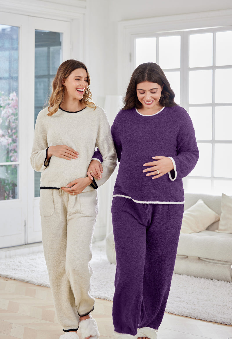 Women's Maternity Pajamas Fleece Postpartum 2 Piece Lounge Set Color Block Long Sleeve Top and Pants