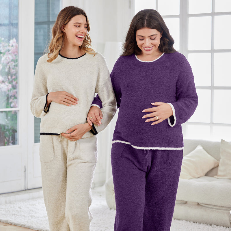Women's Maternity Pajamas Fleece Postpartum 2 Piece Lounge Set Color Block Long Sleeve Top and Pants