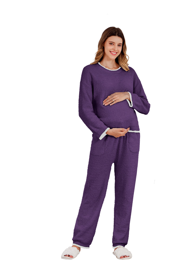 Women's Maternity Pajamas Fleece Postpartum 2 Piece Lounge Set Color Block Long Sleeve Top and Pants