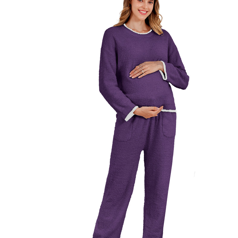 Women's Maternity Pajamas Fleece Postpartum 2 Piece Lounge Set Color Block Long Sleeve Top and Pants