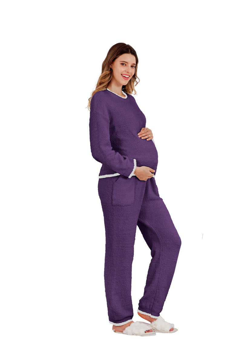 Women's Maternity Pajamas Fleece Postpartum 2 Piece Lounge Set Color Block Long Sleeve Top and Pants