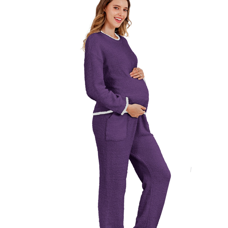 Women's Maternity Pajamas Fleece Postpartum 2 Piece Lounge Set Color Block Long Sleeve Top and Pants
