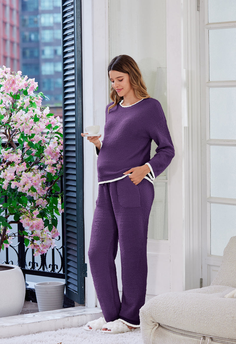 Women's Maternity Pajamas Fleece Postpartum 2 Piece Lounge Set Color Block Long Sleeve Top and Pants