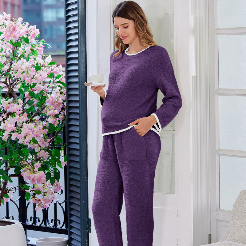 Women's Maternity Pajamas Fleece Postpartum 2 Piece Lounge Set Color Block Long Sleeve Top and Pants