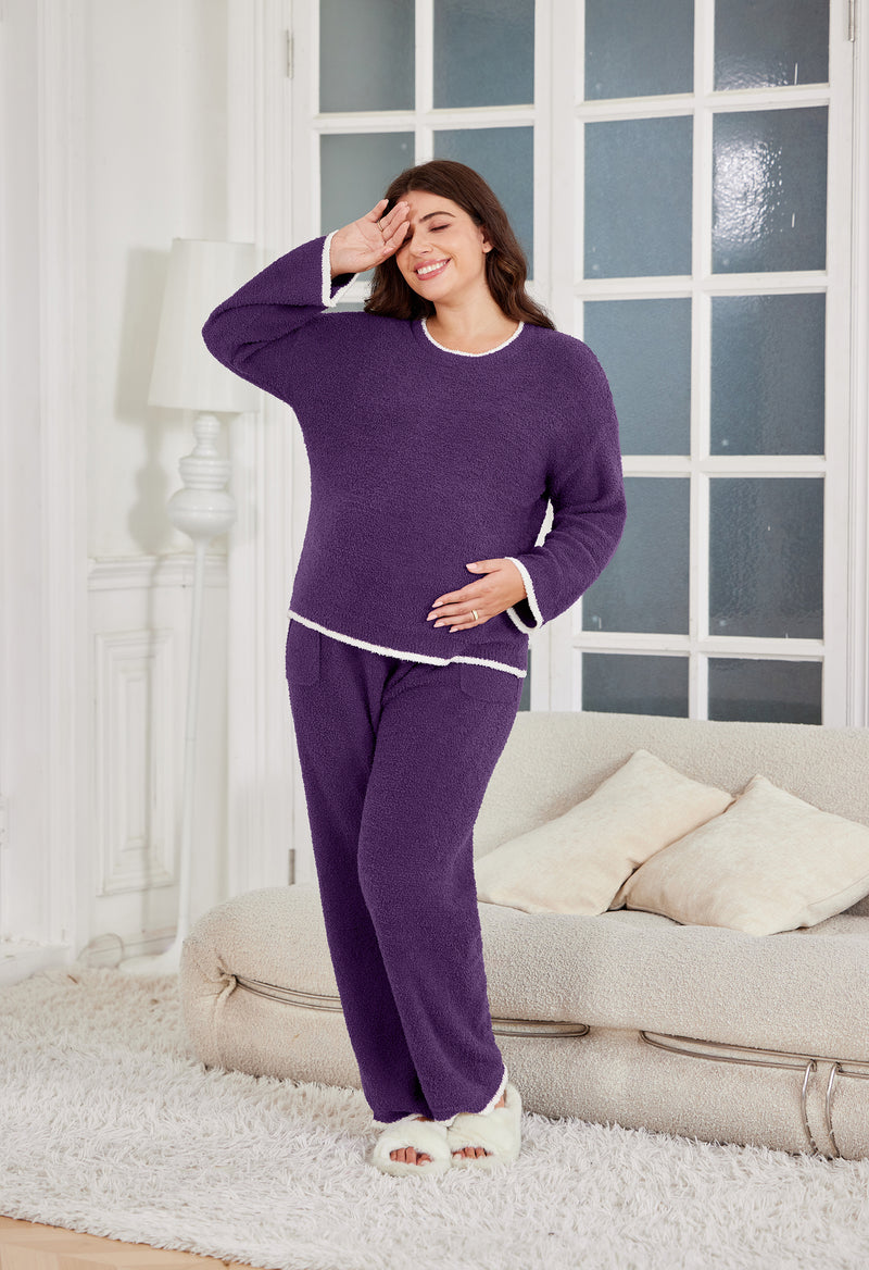 Women's Maternity Pajamas Fleece Postpartum 2 Piece Lounge Set Color Block Long Sleeve Top and Pants