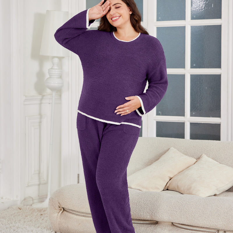 Women's Maternity Pajamas Fleece Postpartum 2 Piece Lounge Set Color Block Long Sleeve Top and Pants