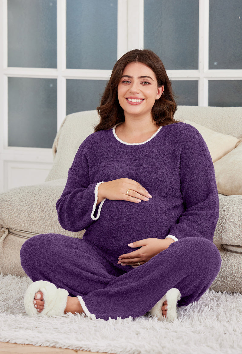Women's Maternity Pajamas Fleece Postpartum 2 Piece Lounge Set Color Block Long Sleeve Top and Pants