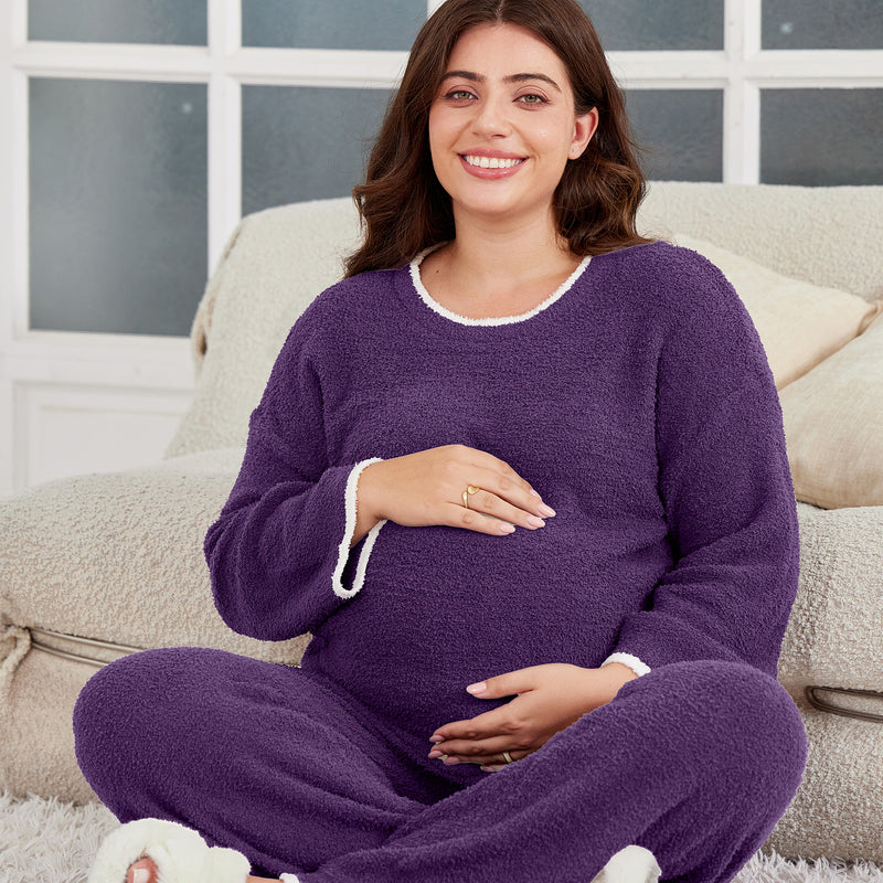 Women's Maternity Pajamas Fleece Postpartum 2 Piece Lounge Set Color Block Long Sleeve Top and Pants
