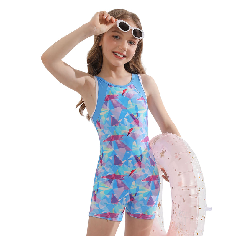 Girls 7-16Y Color Block Print Racerback Boyleg Competition One Piece Swimsuit