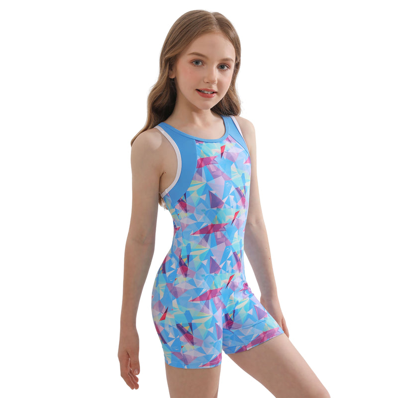 Girls 7-16Y Color Block Print Racerback Boyleg Competition One Piece Swimsuit