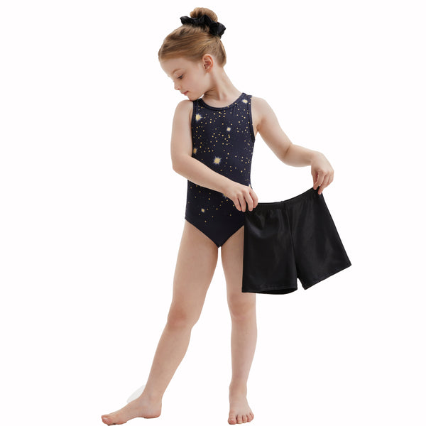Girls Printed Cross Back Gymnastics Leotard 3 Piece Set With Shorts & Hair Scrunchie