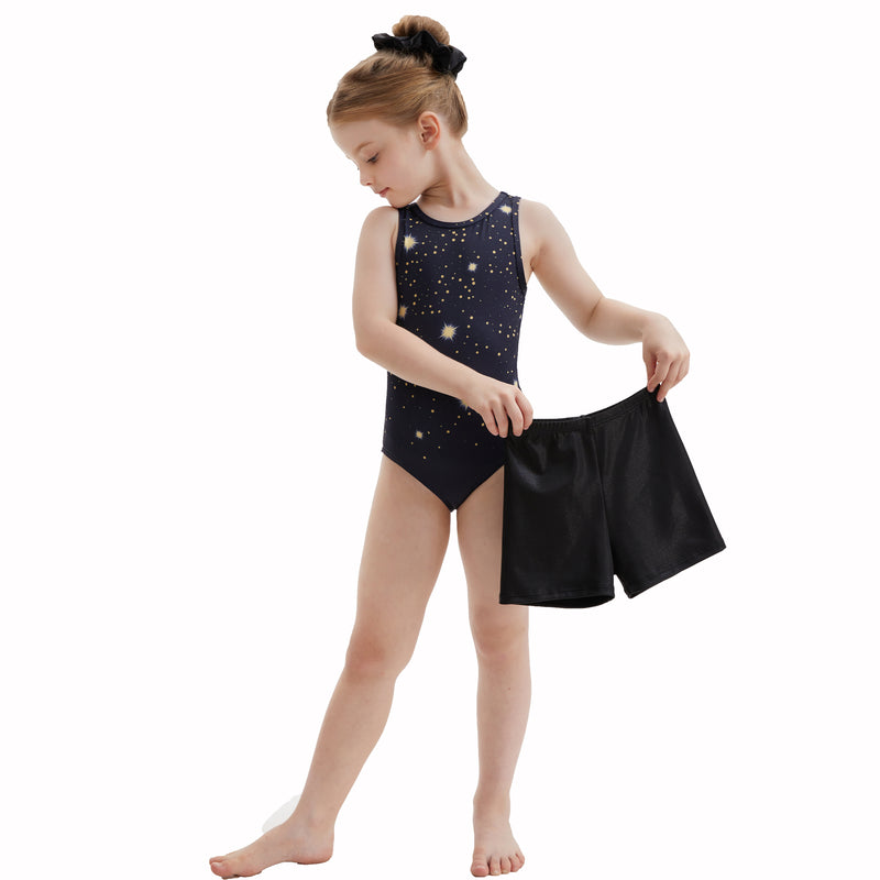 Girls Printed Cross Back Gymnastics Leotard 3 Piece Set With Shorts & Hair Scrunchie