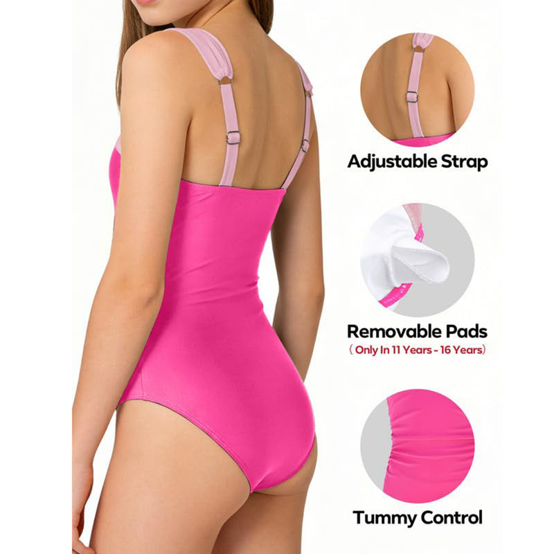Girls One Piece Swimsuit 7‑16Y Adjustable Strap Tummy Control Full Lined Teen Bathing Suit