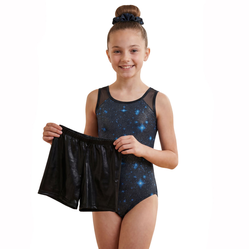 Girls Printed Mesh Sleeveless Gymnastics Leotard 3 Piece Set With Shorts & Hair Scrunchie