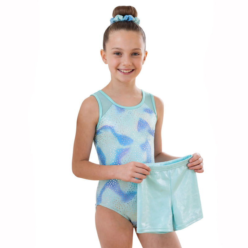 Girls Printed Mesh Sleeveless Gymnastics Leotard 3 Piece Set With Shorts & Hair Scrunchie