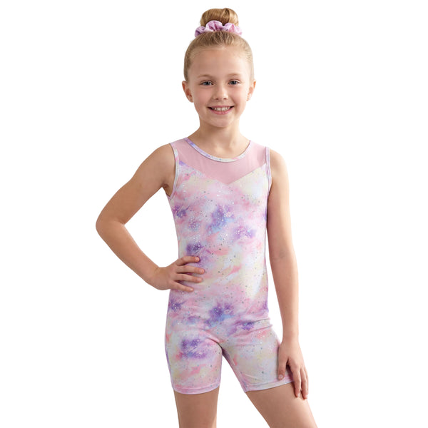 Girls Printed Sleeveless Gymnastics Unitard Mesh Shorts With Matching Hair Scrunchie