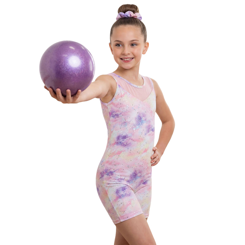 Girls Printed Sleeveless Gymnastics Unitard Mesh Shorts With Matching Hair Scrunchie