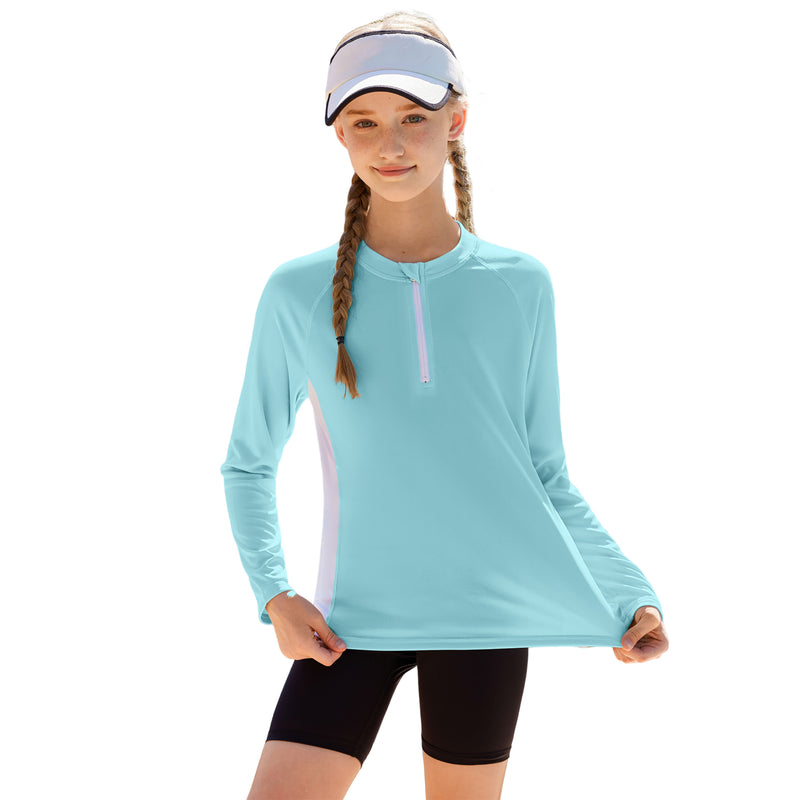 Girls UPF 50+ Long Sleeve Sun Protection Shirt Half Zip Raglan Sleeve Quick Dry Rash Guard