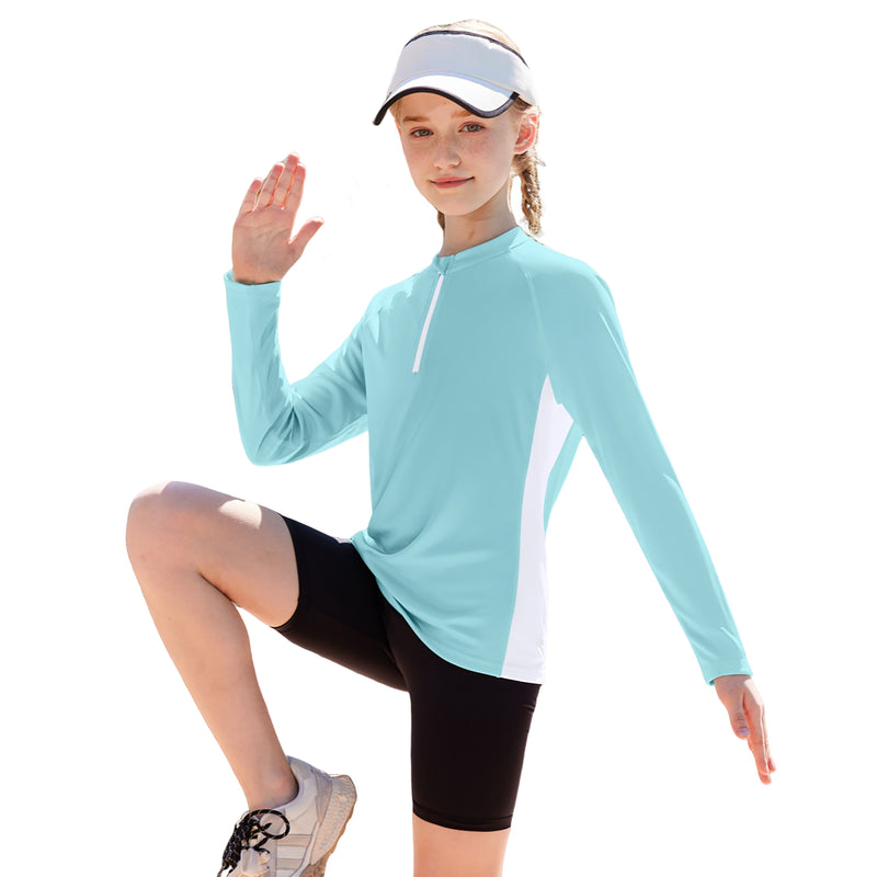 Girls UPF 50+ Long Sleeve Sun Protection Shirt Half Zip Raglan Sleeve Quick Dry Rash Guard