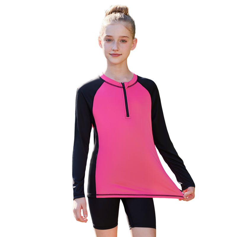 Girls UPF 50+ Long Sleeve Sun Protection Shirt Half Zip Raglan Sleeve Quick Dry Rash Guard