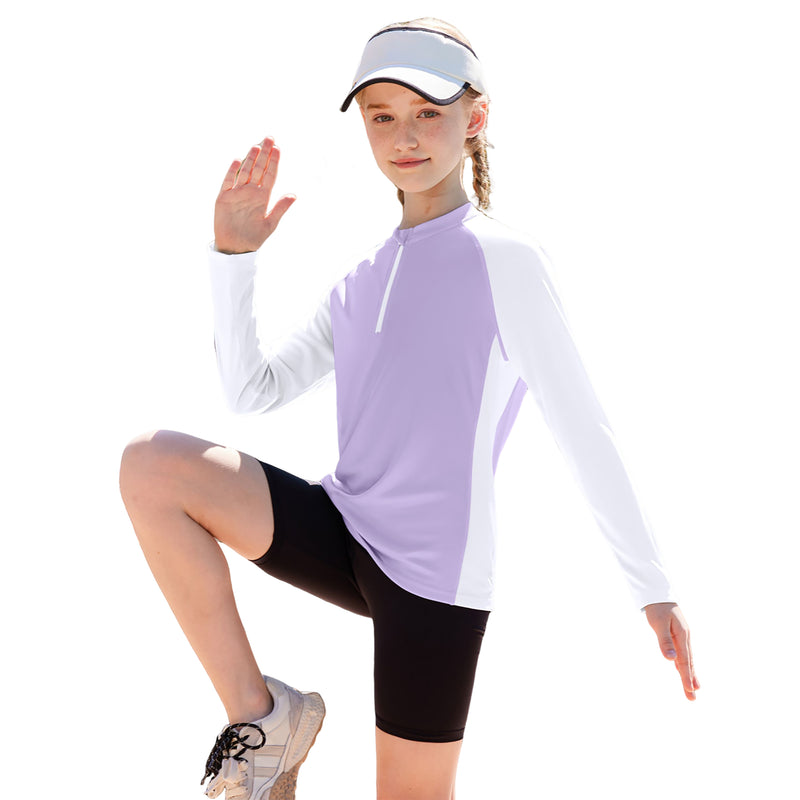 Girls UPF 50+ Long Sleeve Sun Protection Shirt Half Zip Raglan Sleeve Quick Dry Rash Guard