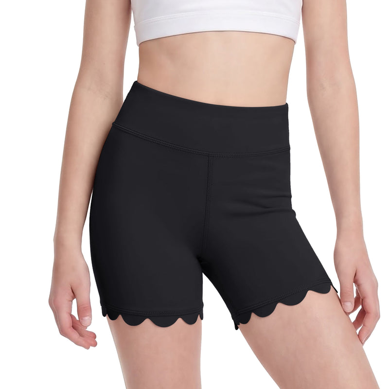 Girls High Waist Biker Shorts Scalloped Hem Workout Shorts with Hidden Pocket for 7-14Y