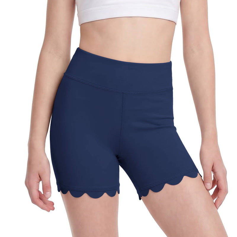 Girls High Waist Biker Shorts Scalloped Hem Workout Shorts with Hidden Pocket for 7-14Y