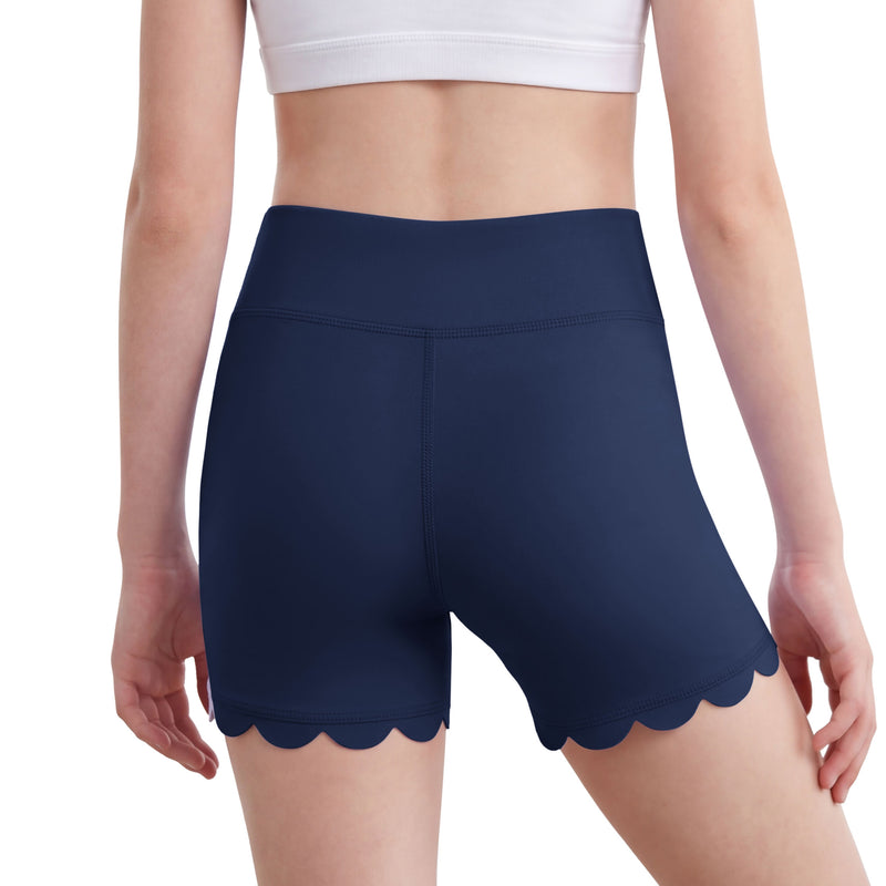 Girls High Waist Biker Shorts Scalloped Hem Workout Shorts with Hidden Pocket for 7-14Y