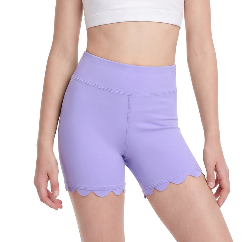 Girls High Waist Biker Shorts Scalloped Hem Workout Shorts with Hidden Pocket for 7-14Y